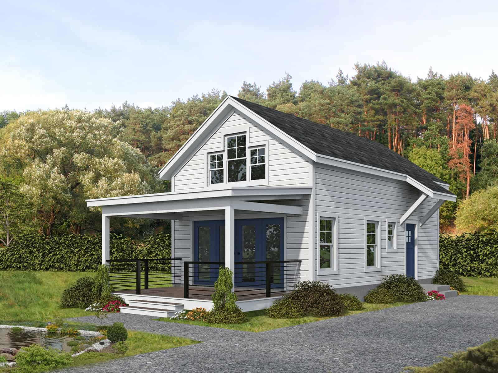 Cottage house plan exterior with gable roofline, covered front porch, and lap siding, Plan #196-1971