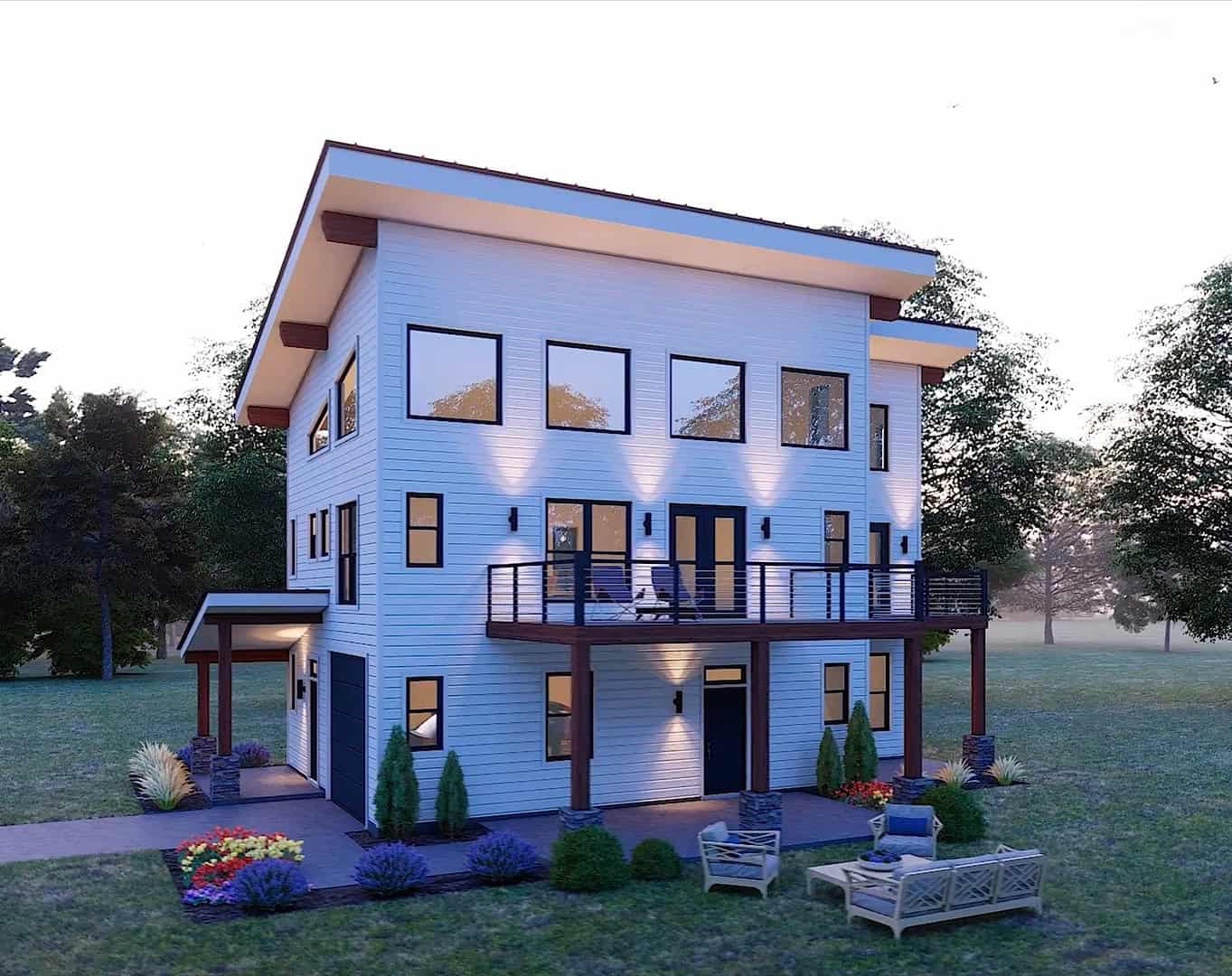 Three-story Modern house plan with shed roofline, covered front porch, lap siding, and sundeck — Plan #196-1975.