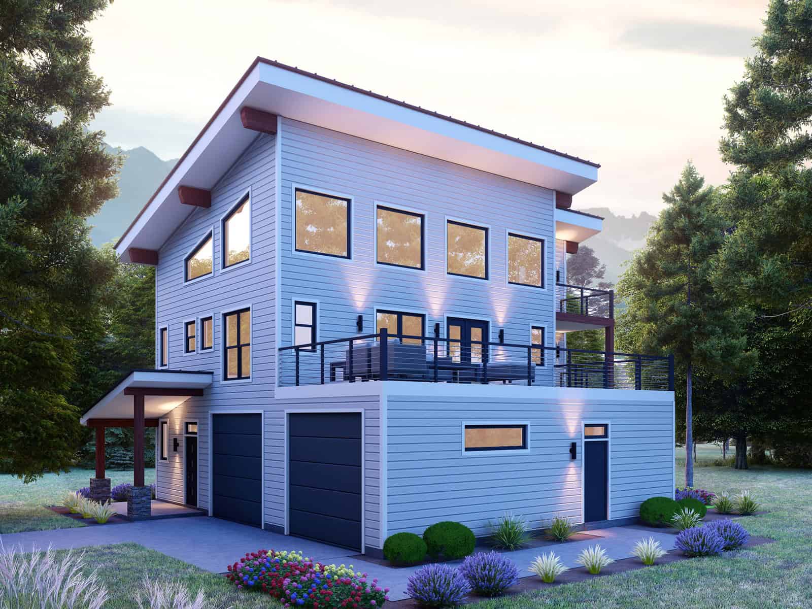 Modern three-story narrow lot home with shed metal roof, covered front porch, lap siding, and rooftop deck — Plan #196-1977.