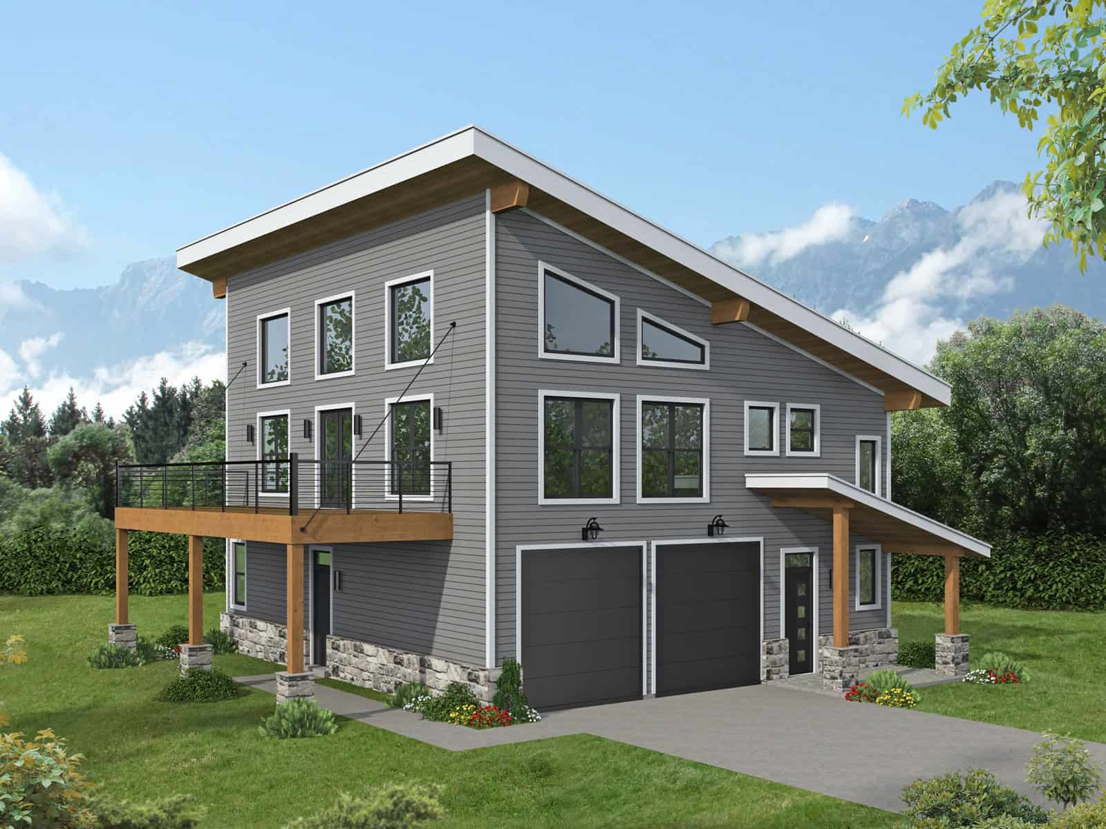 Modern lake house exterior with stone and lap siding, covered porch, gable roofline, and three-story view lot layout — Plan #196-1981
