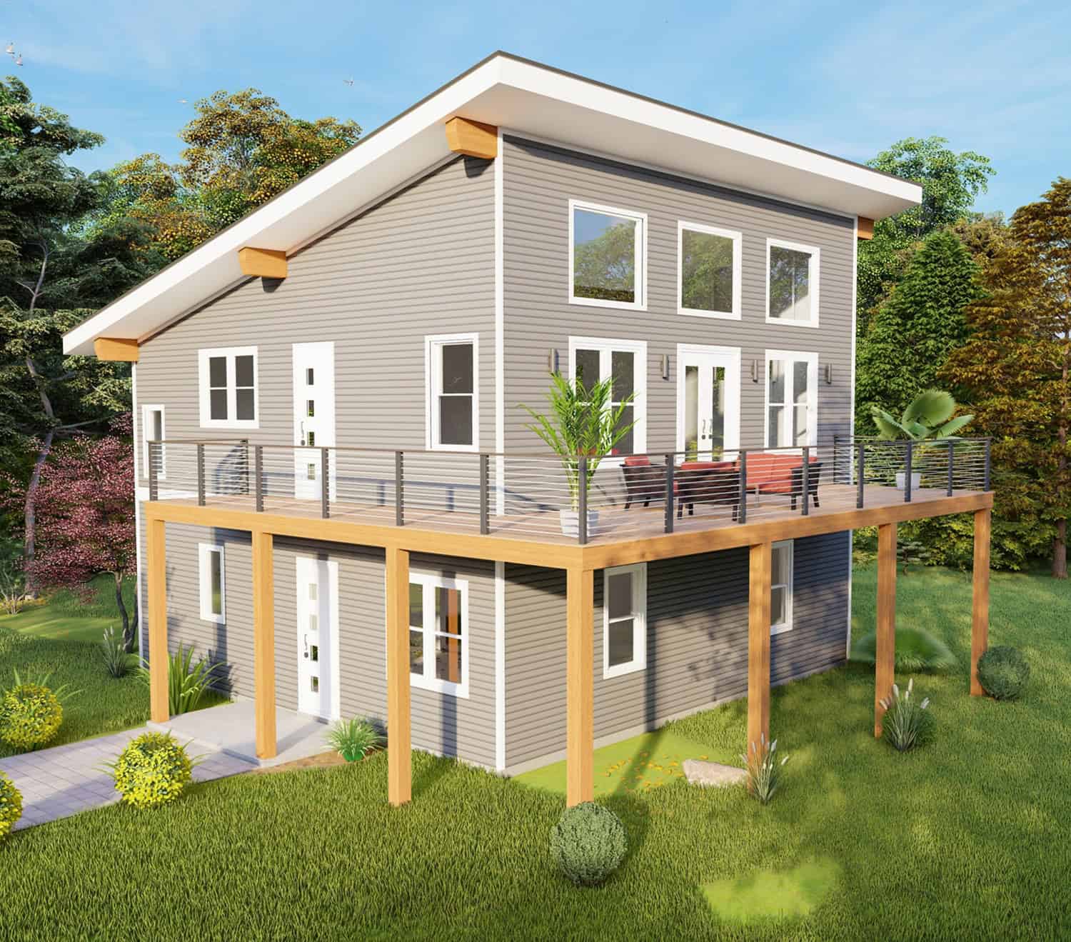 Contemporary narrow lot home with shed roofline, covered front porch, and vinyl-wood siding — Plan #196-1983