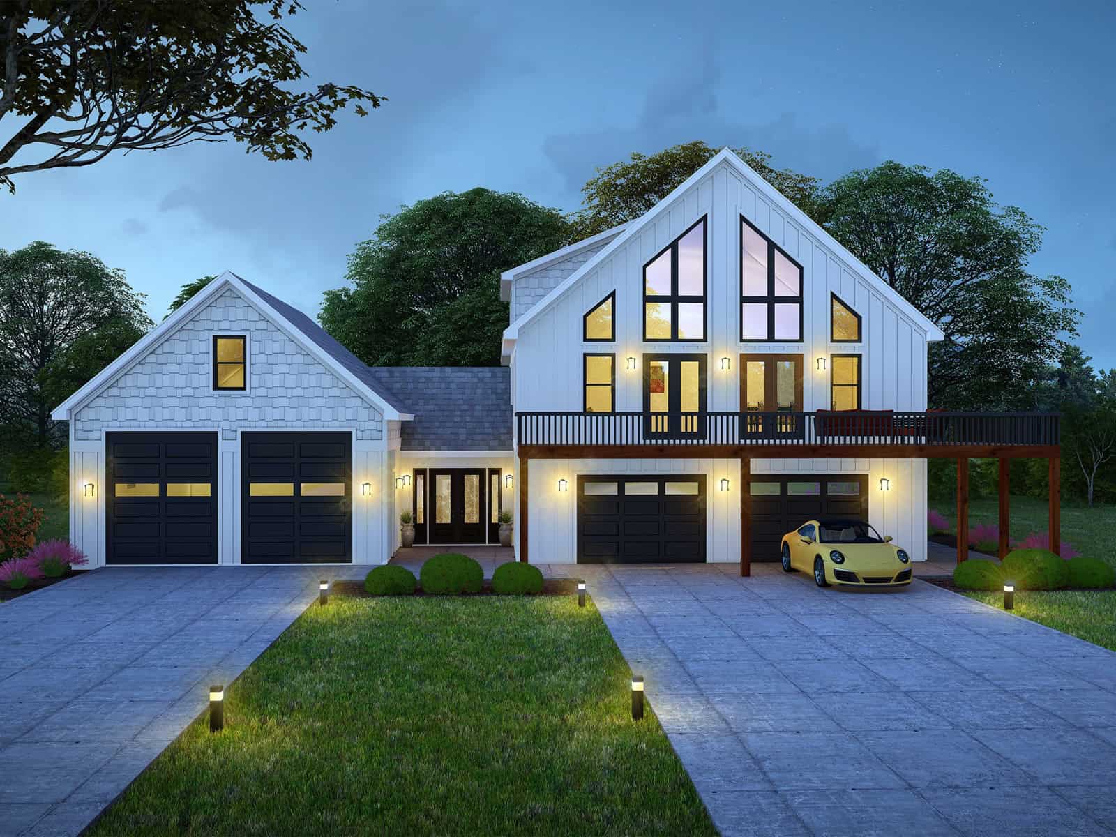 Three-story Modern Farmhouse lake house exterior with board-and-batten siding, gable roofline, and 4-car garage — Plan #196-1984.