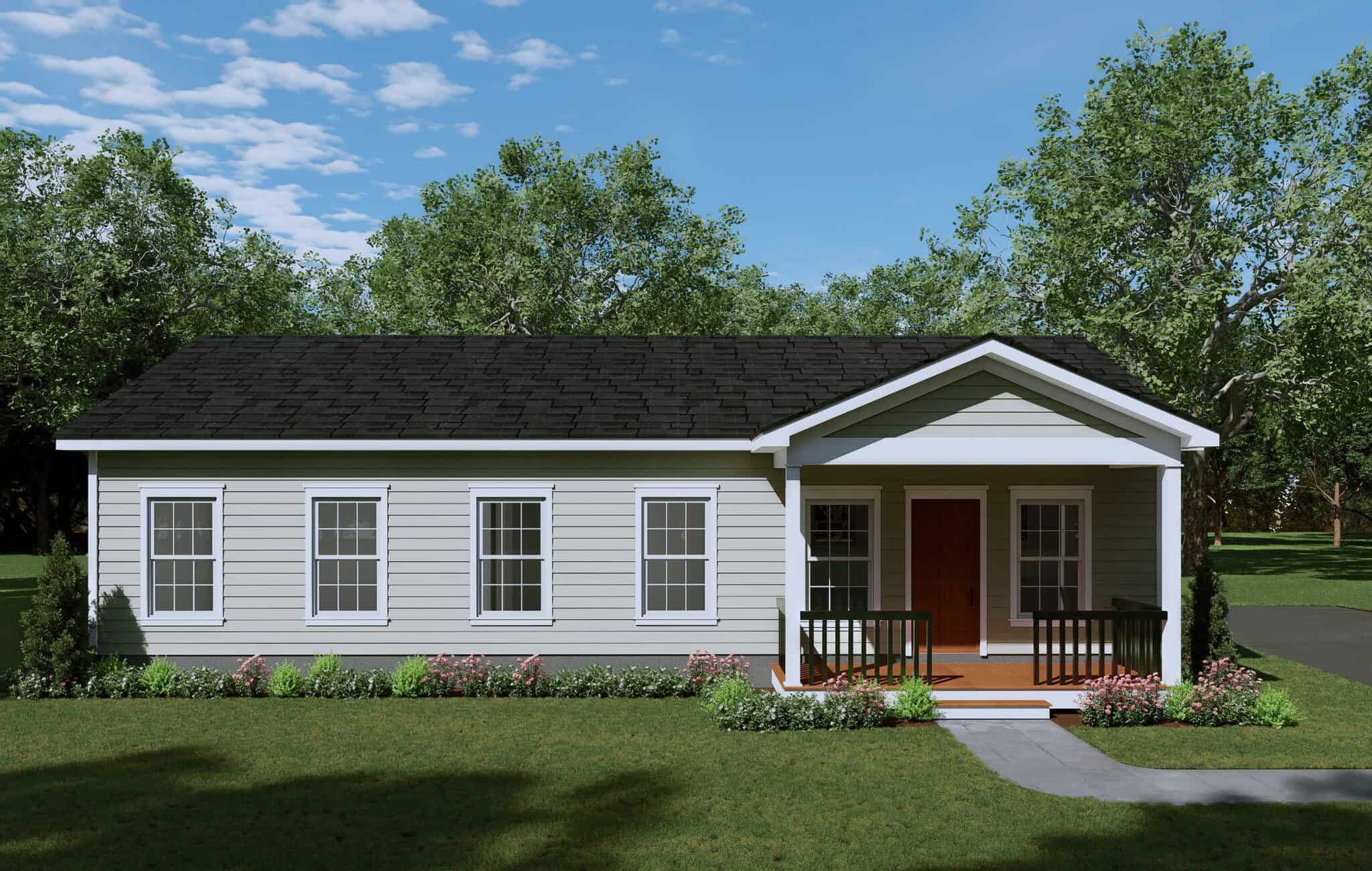 Country Ranch exterior with lap siding, gable roofline, and covered front porch — 3-bedroom Plan #196-1987.