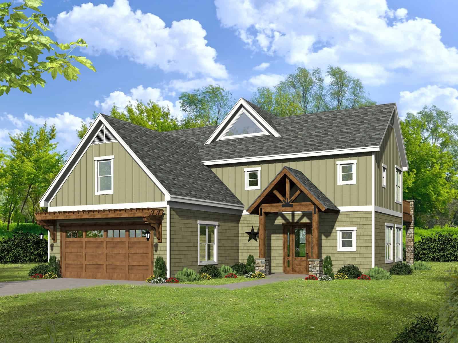 Rustic Craftsman two-story home with stone and board-and-batten exterior, covered front porch, plan 196-1992