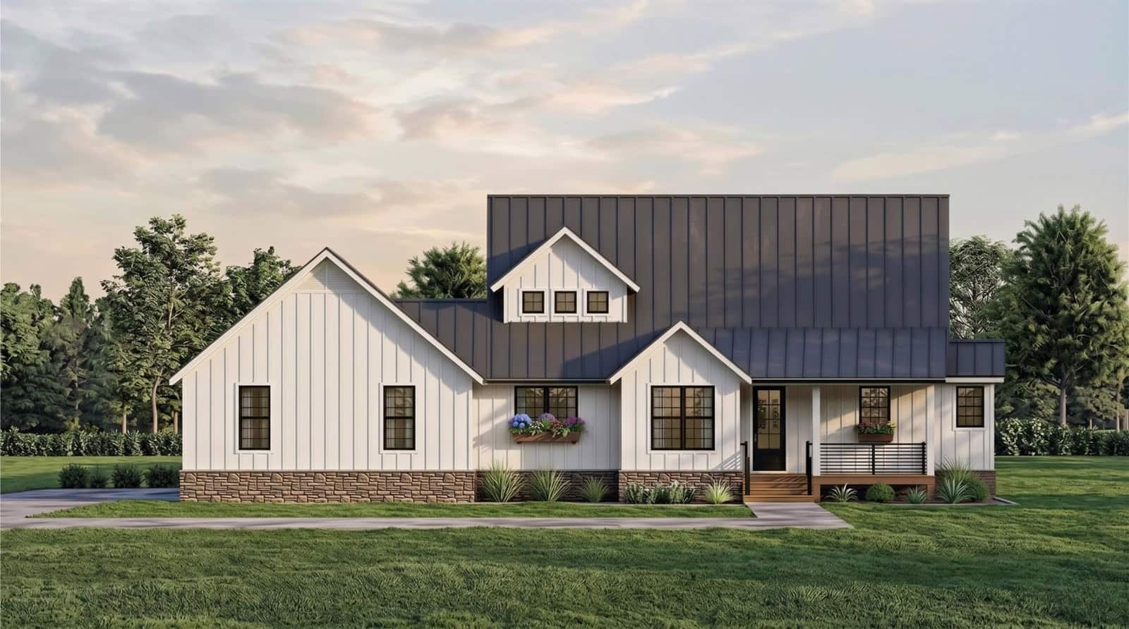 Modern Farmhouse exterior with board-and-batten siding, stone accents, metal roof, covered front porch, and detached garage, Plan #196-1995.
