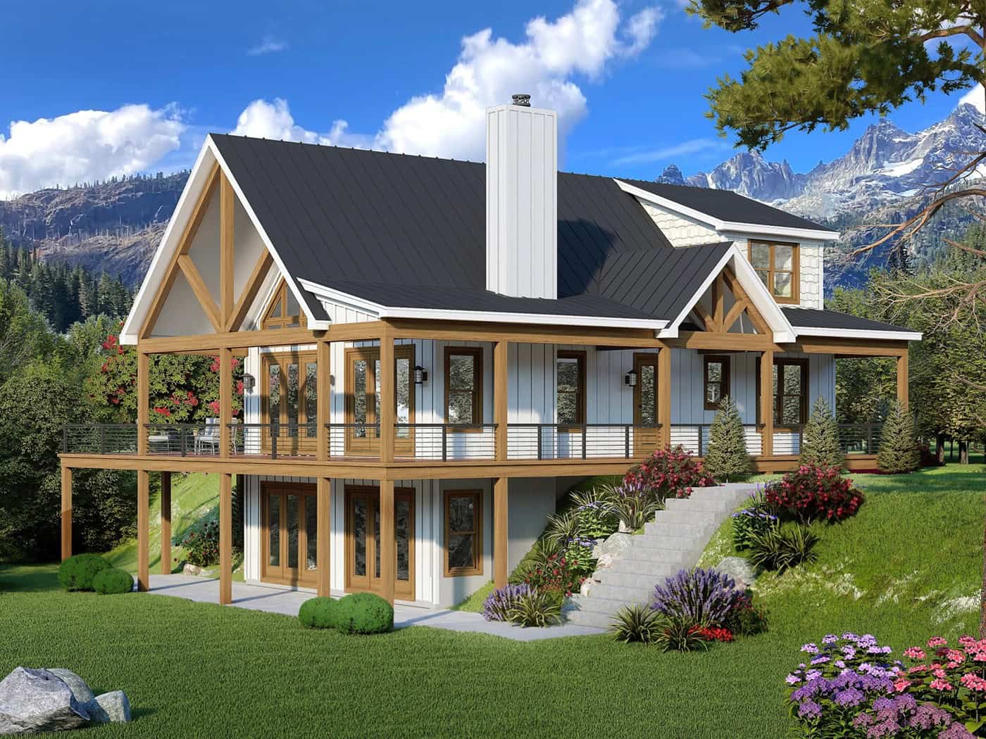 Modern Farmhouse exterior with wraparound porch, board-and-batten siding, metal gable roof, and covered sundeck — Plan #196-1999.