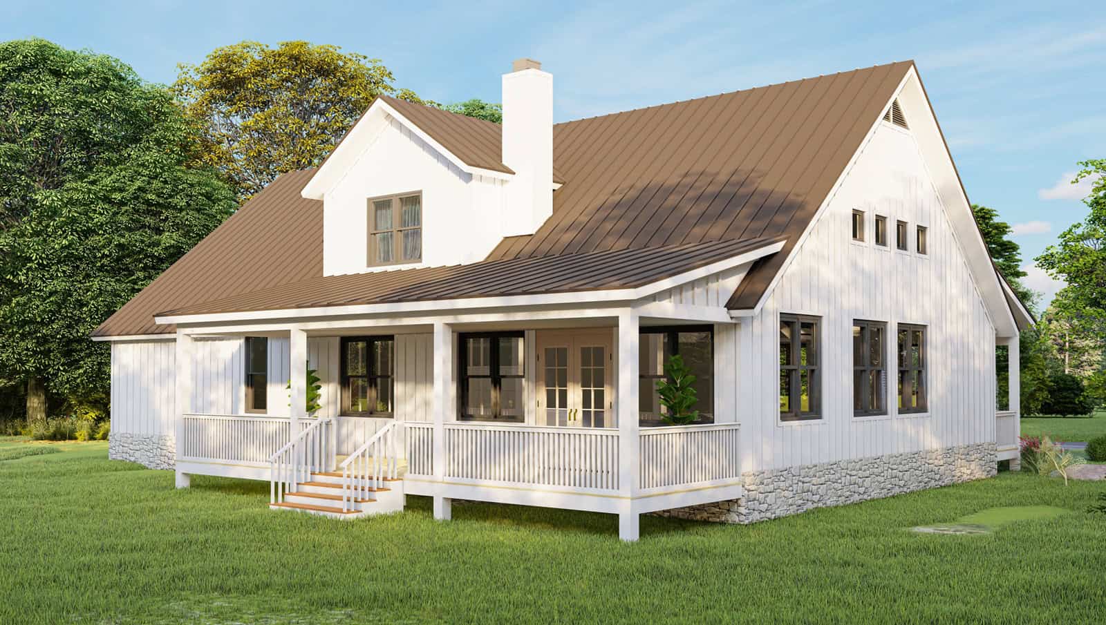 Modern Farmhouse exterior with board-and-batten siding, stone accents, metal gable roof, covered front porch, and 2-car garage — Plan #196-2000.
