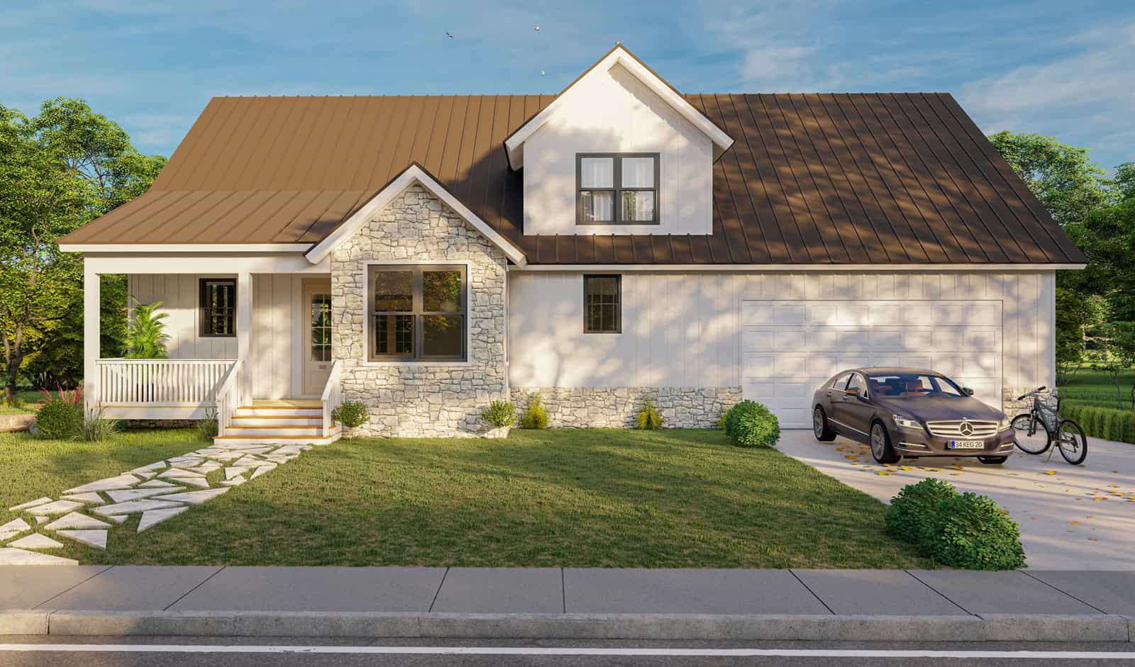 Modern Farmhouse exterior with board-and-batten siding, stone accents, metal gable roof, covered front porch, and 2-car garage — Plan #196-2000.