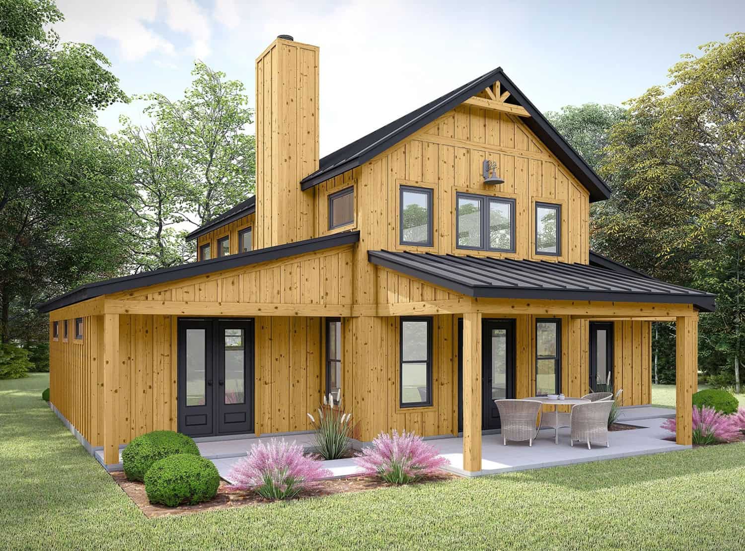 Barndominium farmhouse exterior with board-and-batten siding, metal gable roof, and full-facade covered front porch, Plan #196-2003.