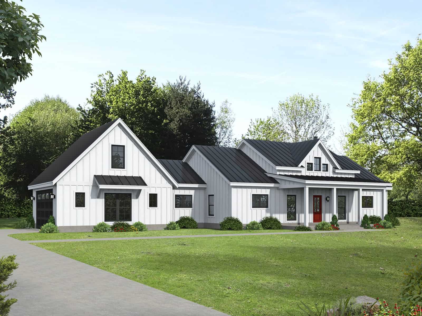Modern Farmhouse exterior with board-and-batten siding, metal gable roof, covered front porch, and side-entry garage — Plan #196-2005.