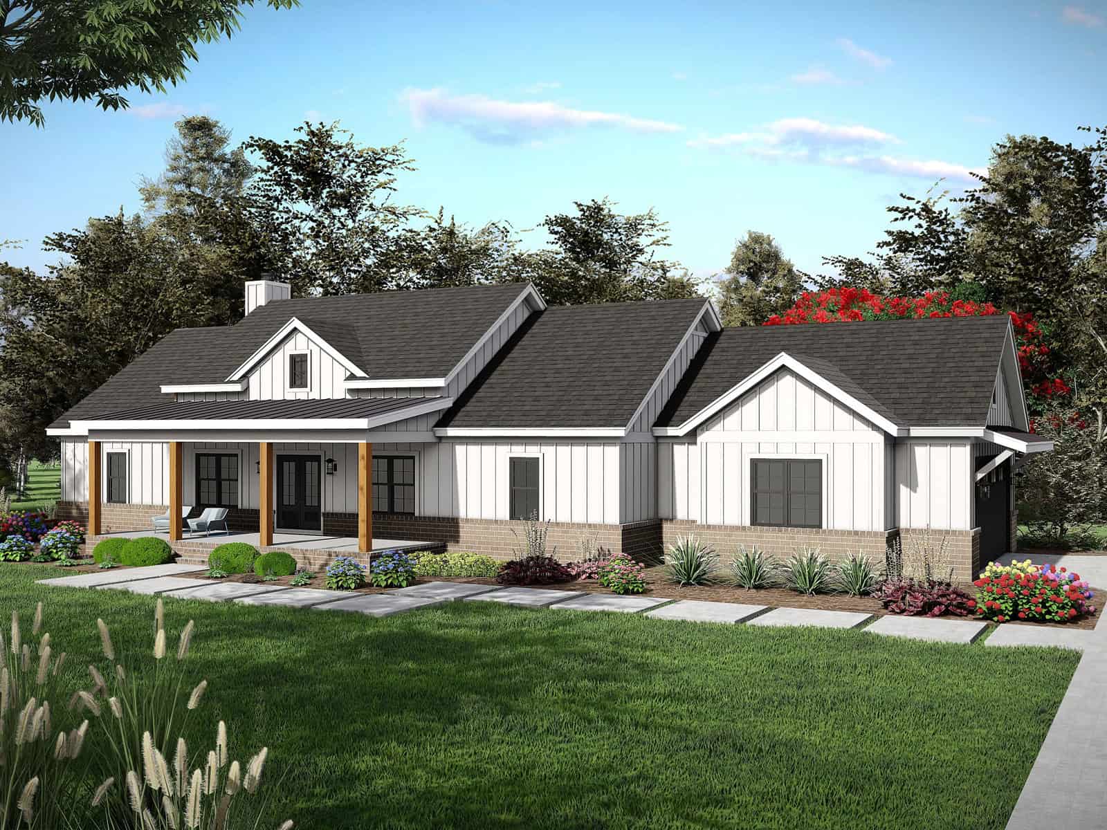 Single-story Modern Farmhouse exterior with brick wainscoting, board-and-batten siding, covered front porch, and side-entry garage — Plan #196-2007.