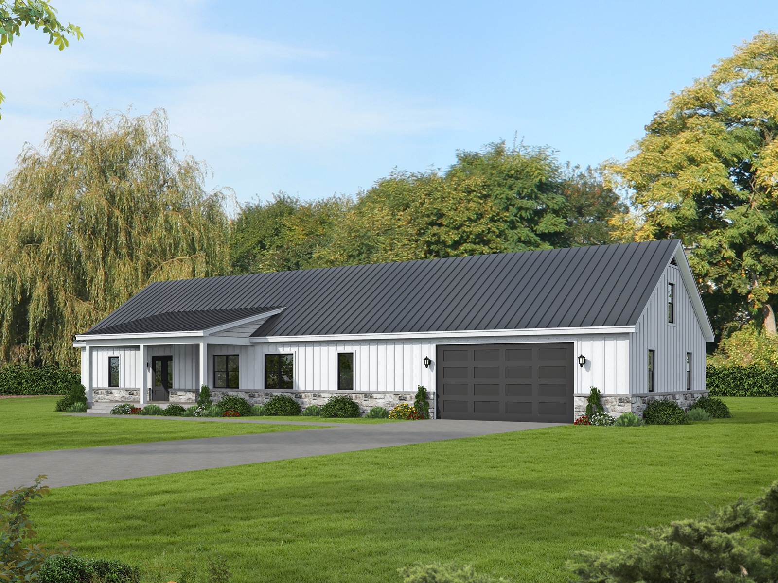Modern Farmhouse exterior with stone and board-and-batten gable facade, covered front porch, and metal roof, Plan #196-2008.