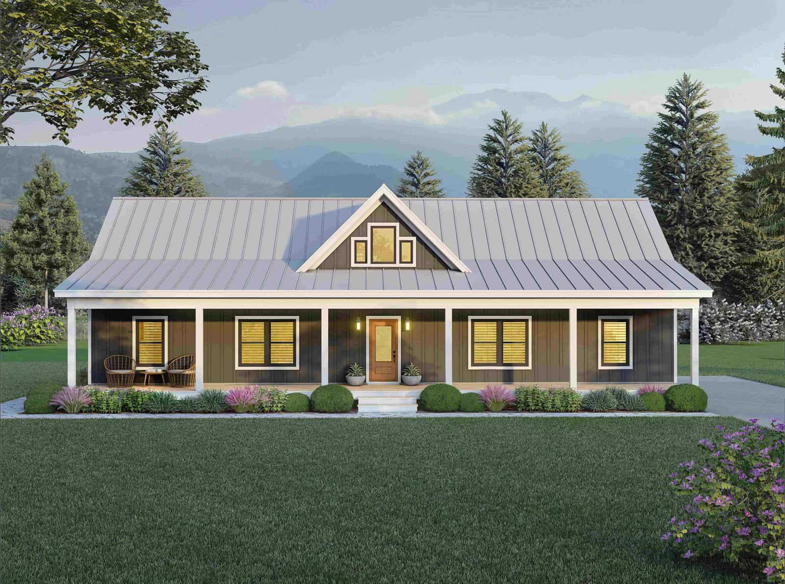 Modern Farmhouse exterior with board-and-batten siding, metal gable roof, covered front porch, and dormer detail — Plan #196-2010.
