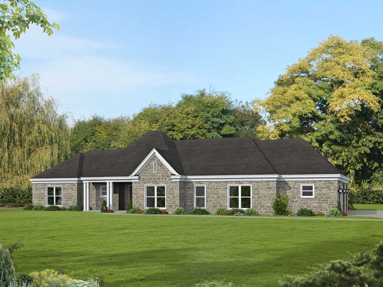 Stone farmhouse exterior with covered front porch, 3-car side-entry garage, and traditional roofline — Plan #196-2012.