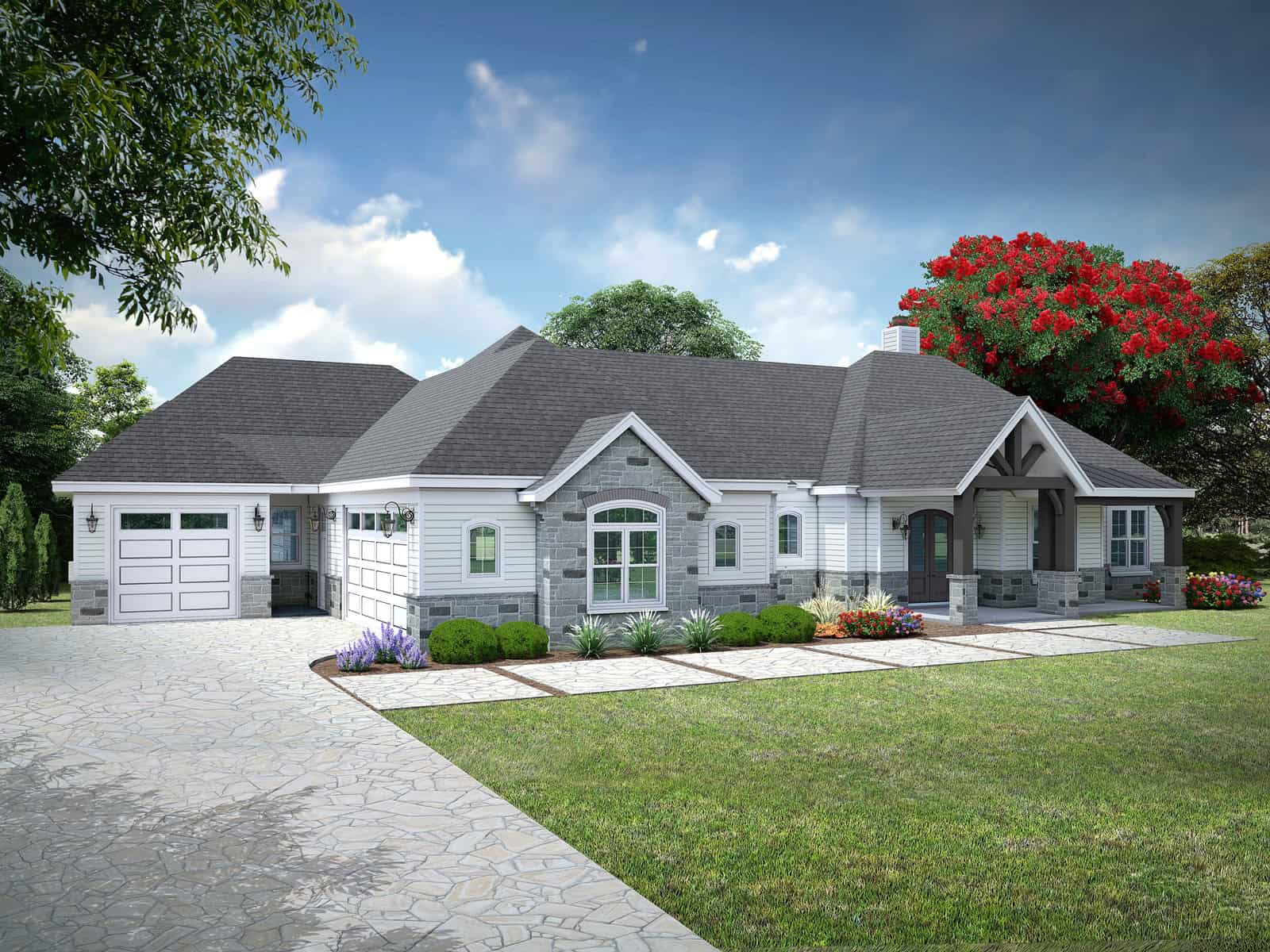 Craftsman Ranch home with stone and lap siding, covered front porch, wide roofline, and three-car garage — Plan #196-2014.