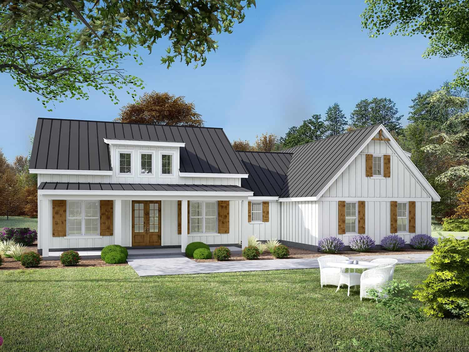 Modern Farmhouse exterior with board-and-batten siding, metal gable roof, covered front porch, and dormer detail — Plan #196-2015