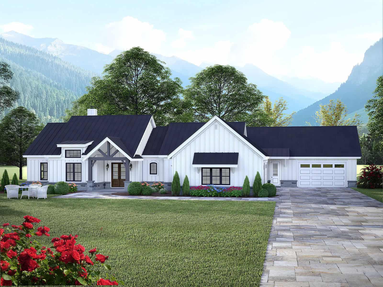 Single-story Modern Farmhouse house plan with 5-car garage, board-and-batten siding, stone accents, metal roof, and covered front porch — Plan #196-2016.
