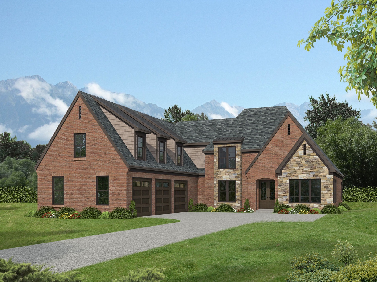 Two-story French Country exterior with brick and stone facade, dormer windows, covered front porch, and 3-car garage — Plan #196-2017.