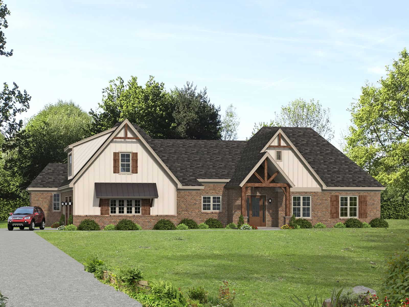 Brick Farmhouse exterior with covered front porch, gable-dormer roofline, and side-entry garage — Plan #196-2018