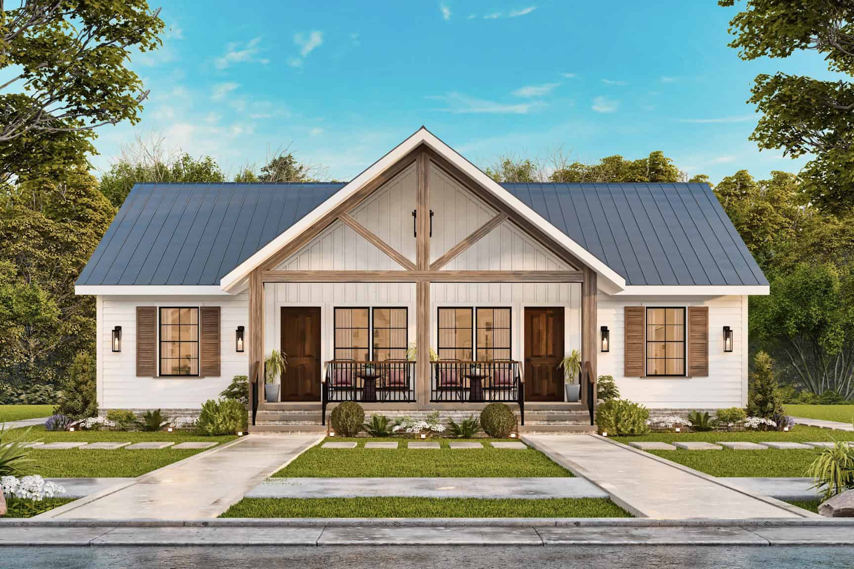 4 -Bedroom, 1696 Sq Ft Modern Farmhouse Duplex Plan #198-1176 - Main Exterior