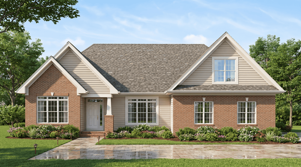 Traditional 2-story home exterior with covered front porch, brick siding, and gable roofline - Plan #198-1228