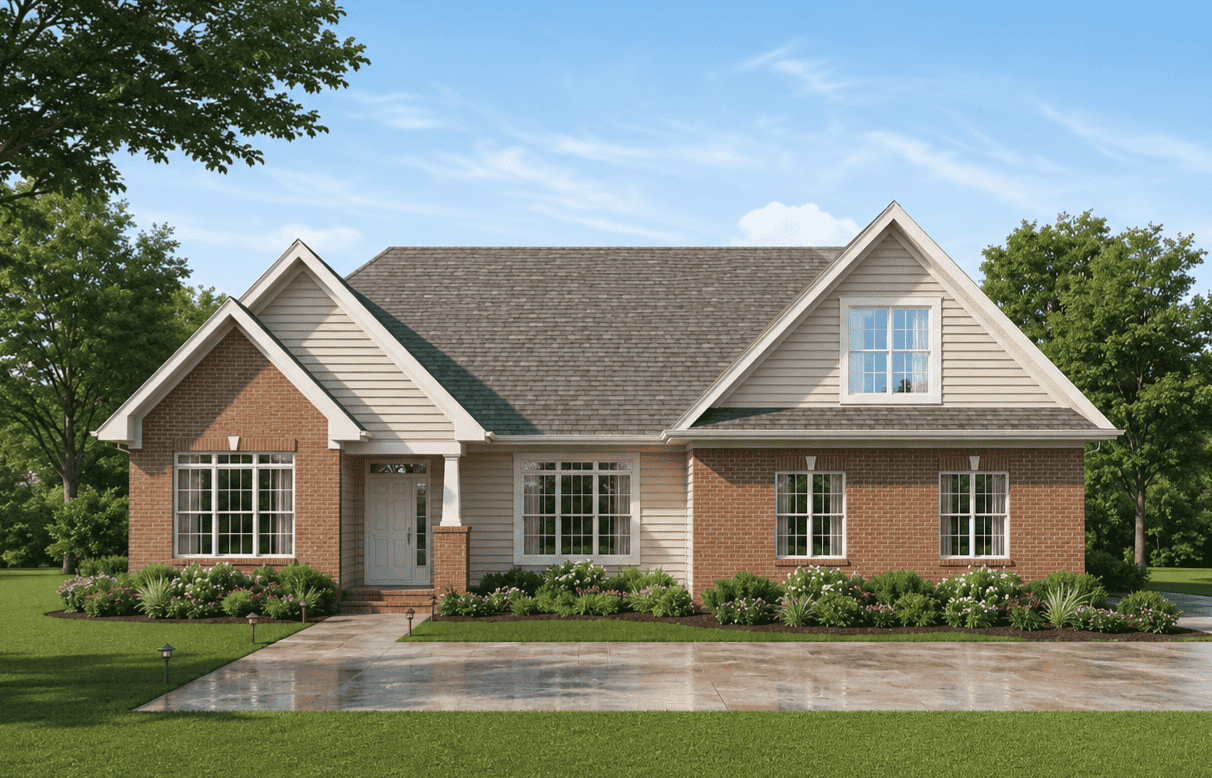 Traditional 2-story home exterior with covered front porch, brick siding, and gable roofline - Plan #198-1228
