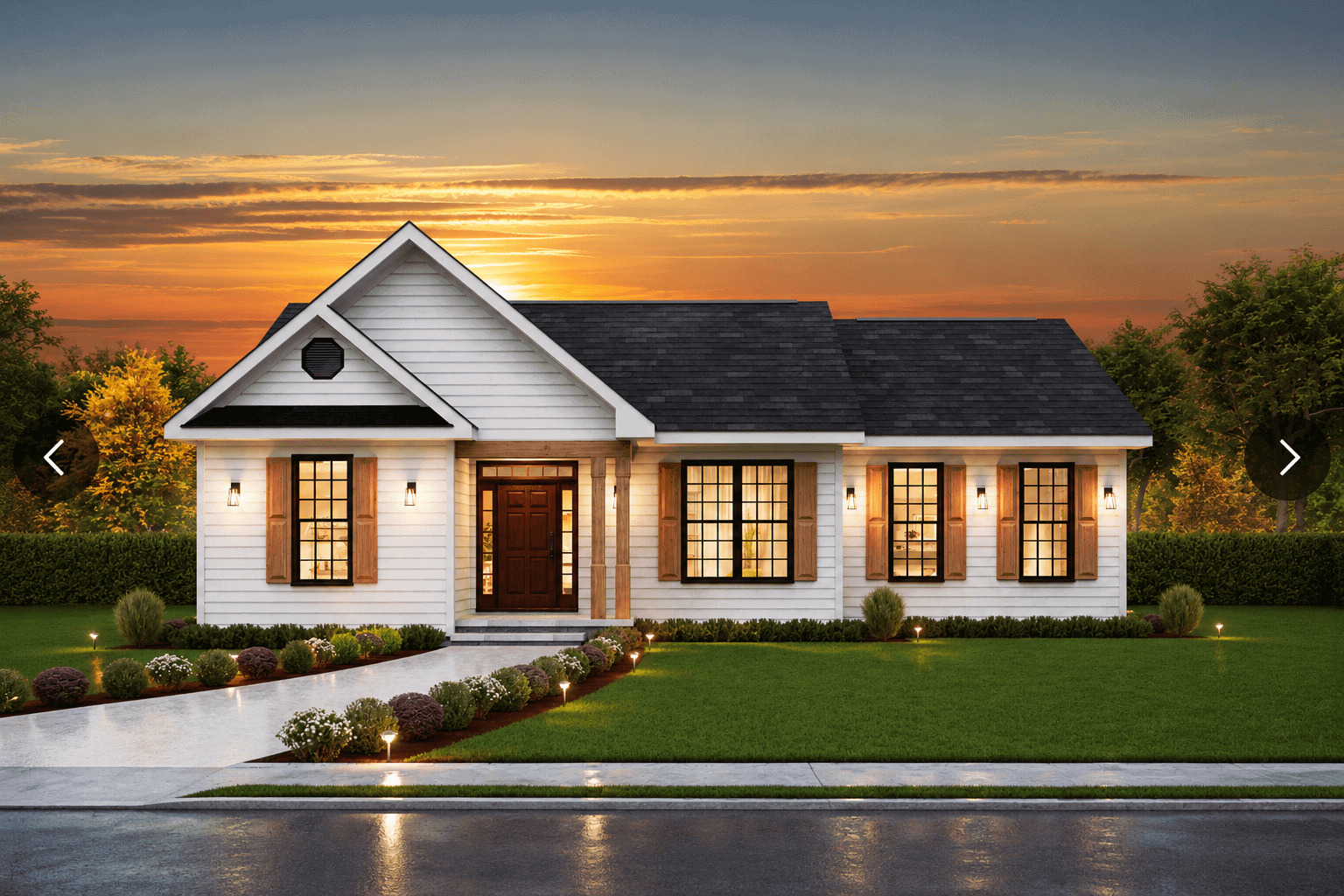 Traditional facade with gable roofline, covered porch, and vinyl siding. 3 bedrooms, 1,426 sq ft — Plan #198-1230