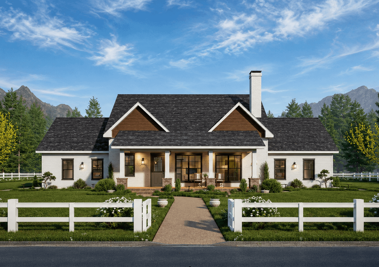 3-Bedroom Modern Farmhouse home with brick exterior, gable roofline, and covered front porch - Plan #198-1234.