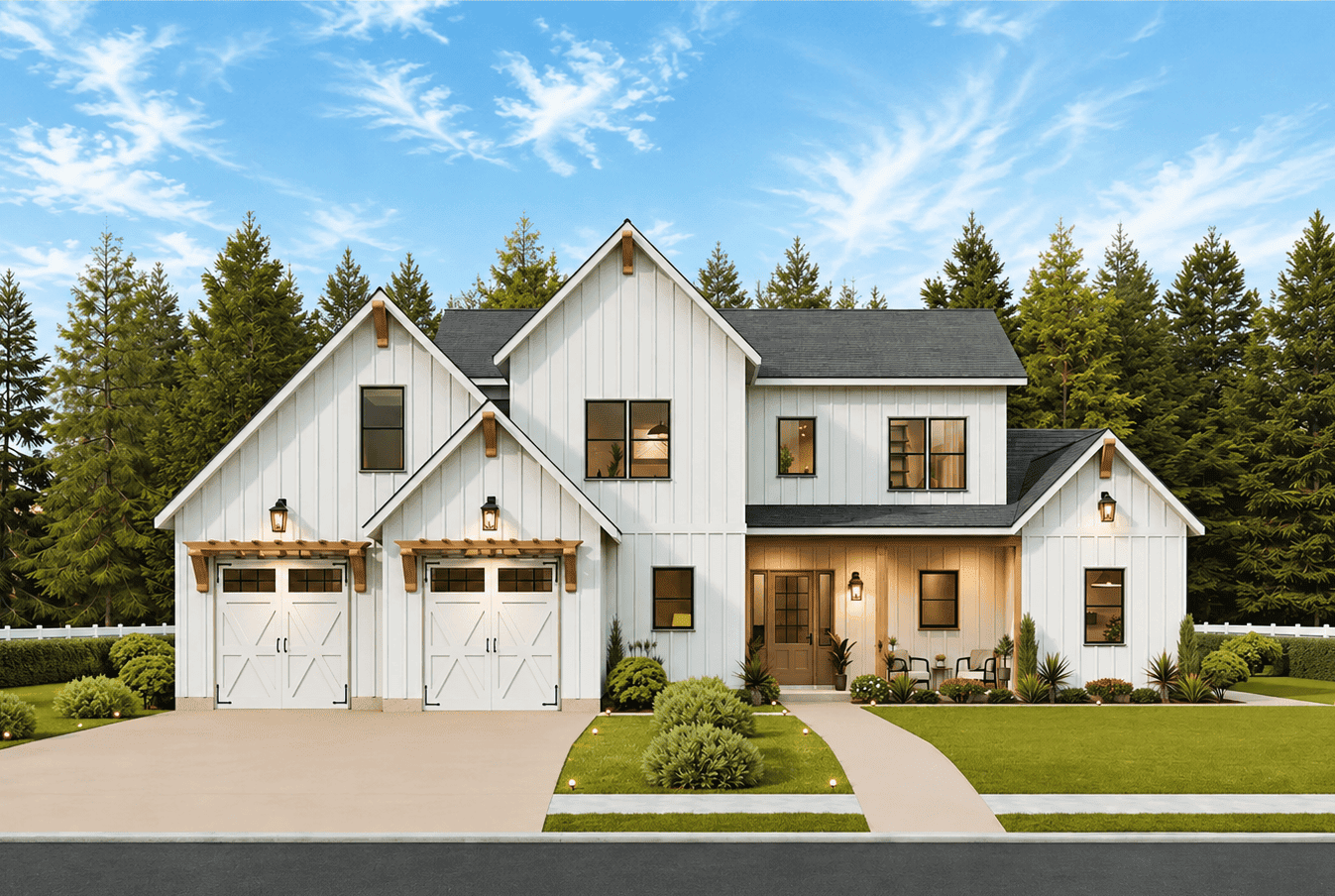 Modern Farmhouse with board and batten siding, gable roofline, covered porch, and metal roof accents. Plan #198-1235.