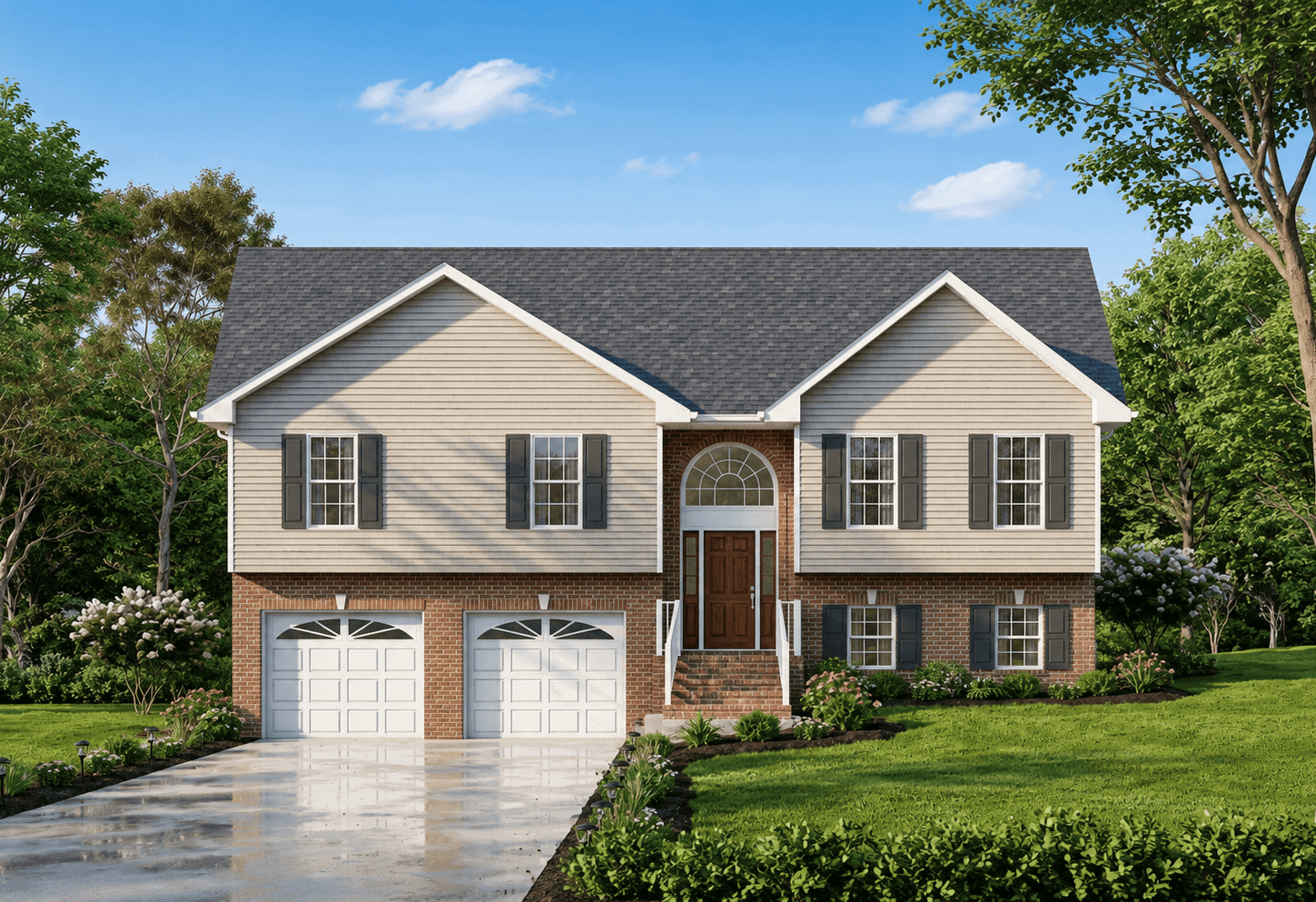 Split-level home with brick and vinyl exterior, gable roof, front-entry 2-car garage positioned below main living floor - Plan #198-1237
