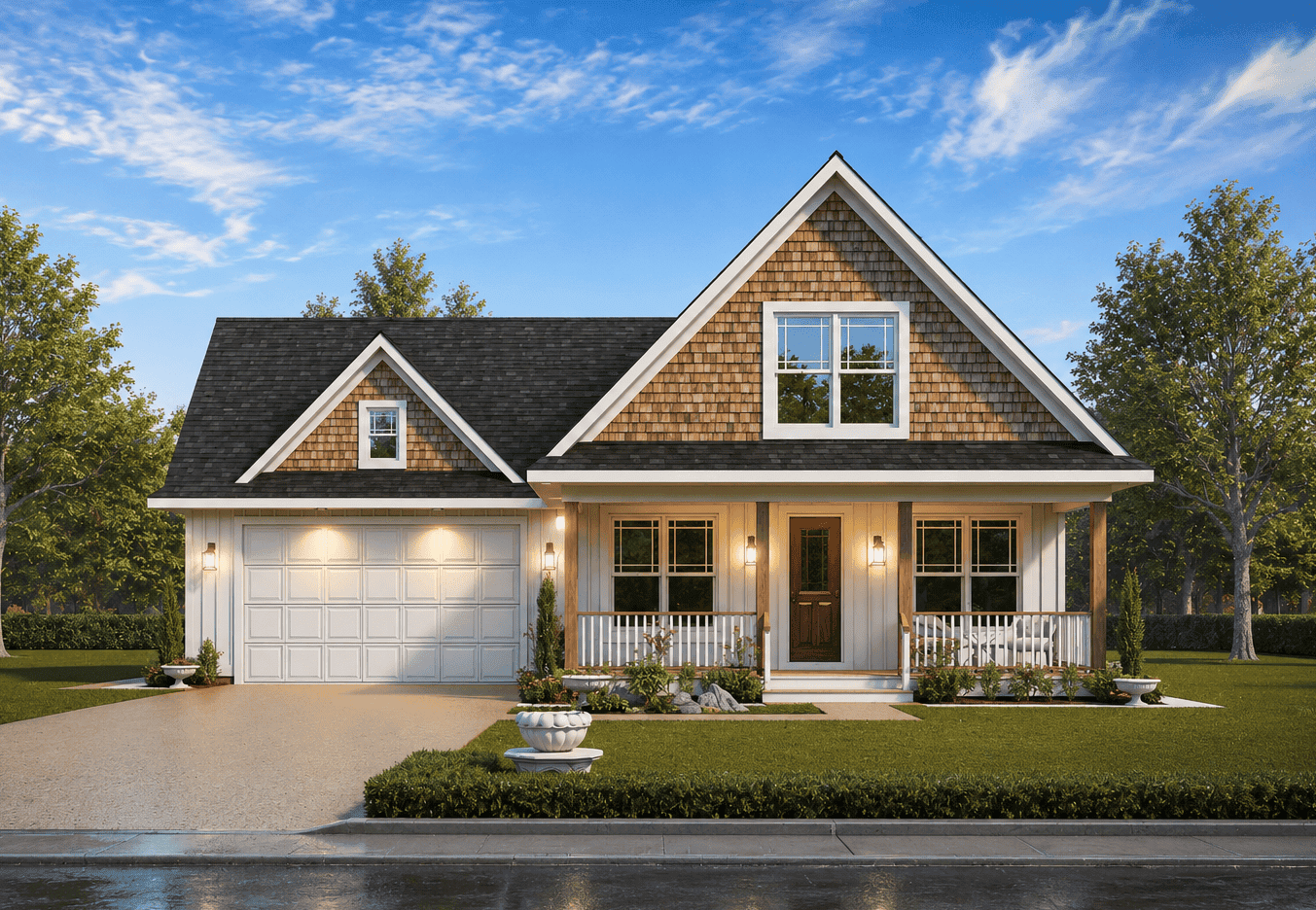 Craftsman home with board and batten siding, steep gable roofline, covered front porch, and 2-car attached garage. Plan #198-1241.