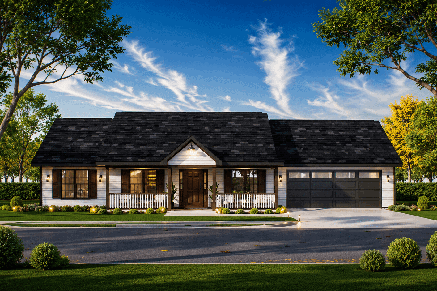 Ranch home elevation with wood lap siding, gable roofline, and covered front porch entry, Plan #198-1243