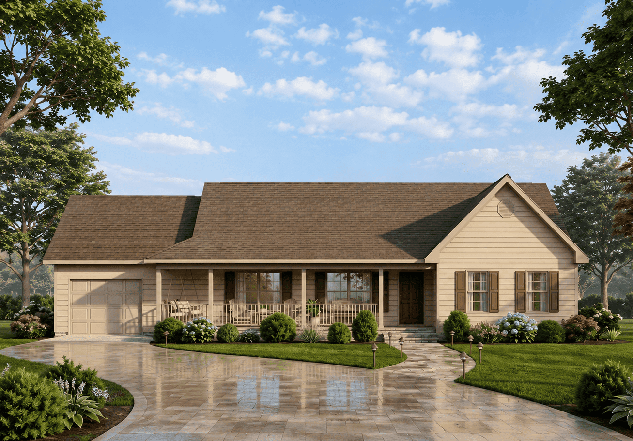 Country home with board and batten siding, gable roofline, covered front porch, and attached garage - Plan #198-1244