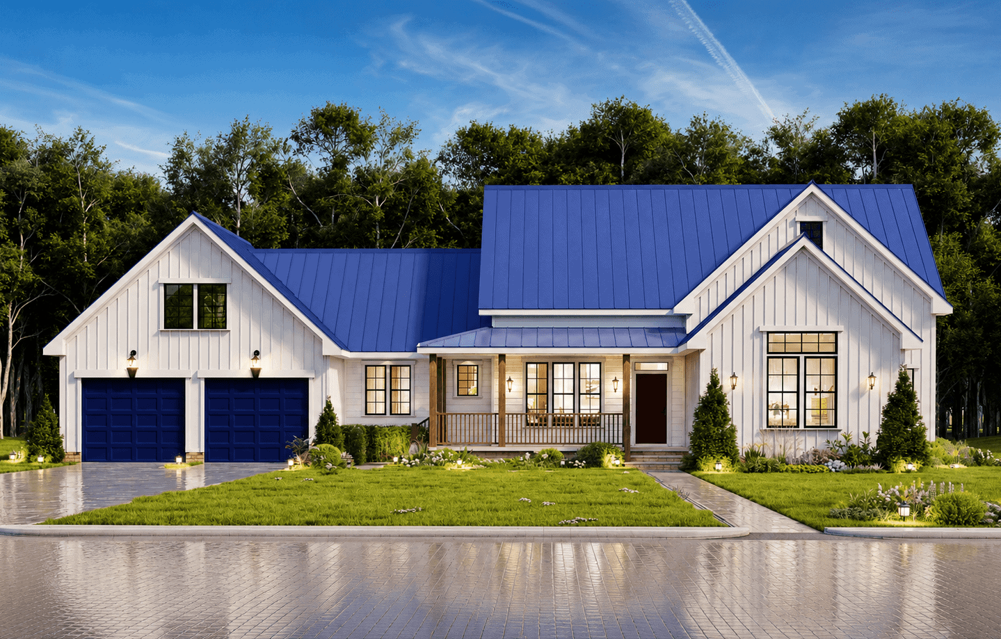 Modern Farmhouse facade with board-and-batten siding, covered front porch, metal gable roof, and multi-pane windows. 3 beds, 1,511 sq ft - Plan #198-1245