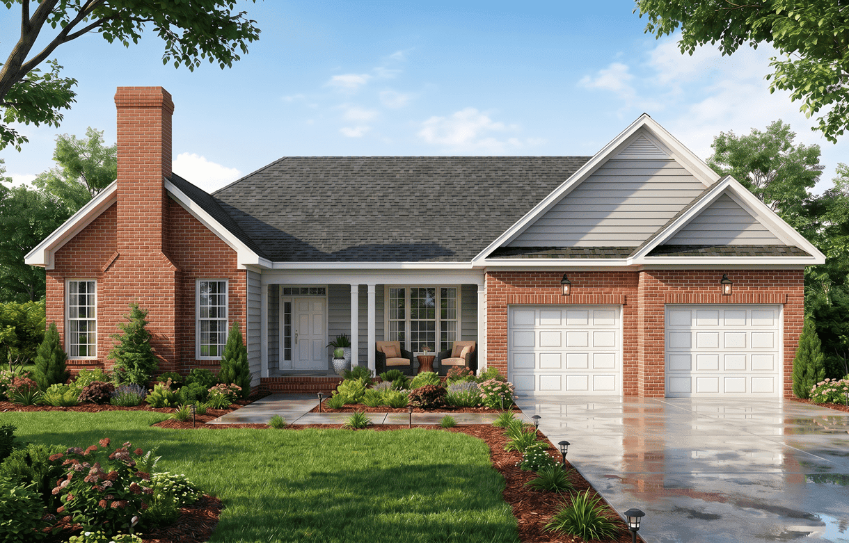 Craftsman Ranch elevation with brick and lap siding, covered front porch, and gable roofline. Plan #198-1247, 3 beds, 1,773 sq ft.