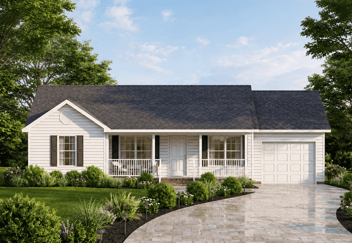 Ranch home elevation with covered front porch, gable roofline, and front-entry garage. Plan #198-1248.