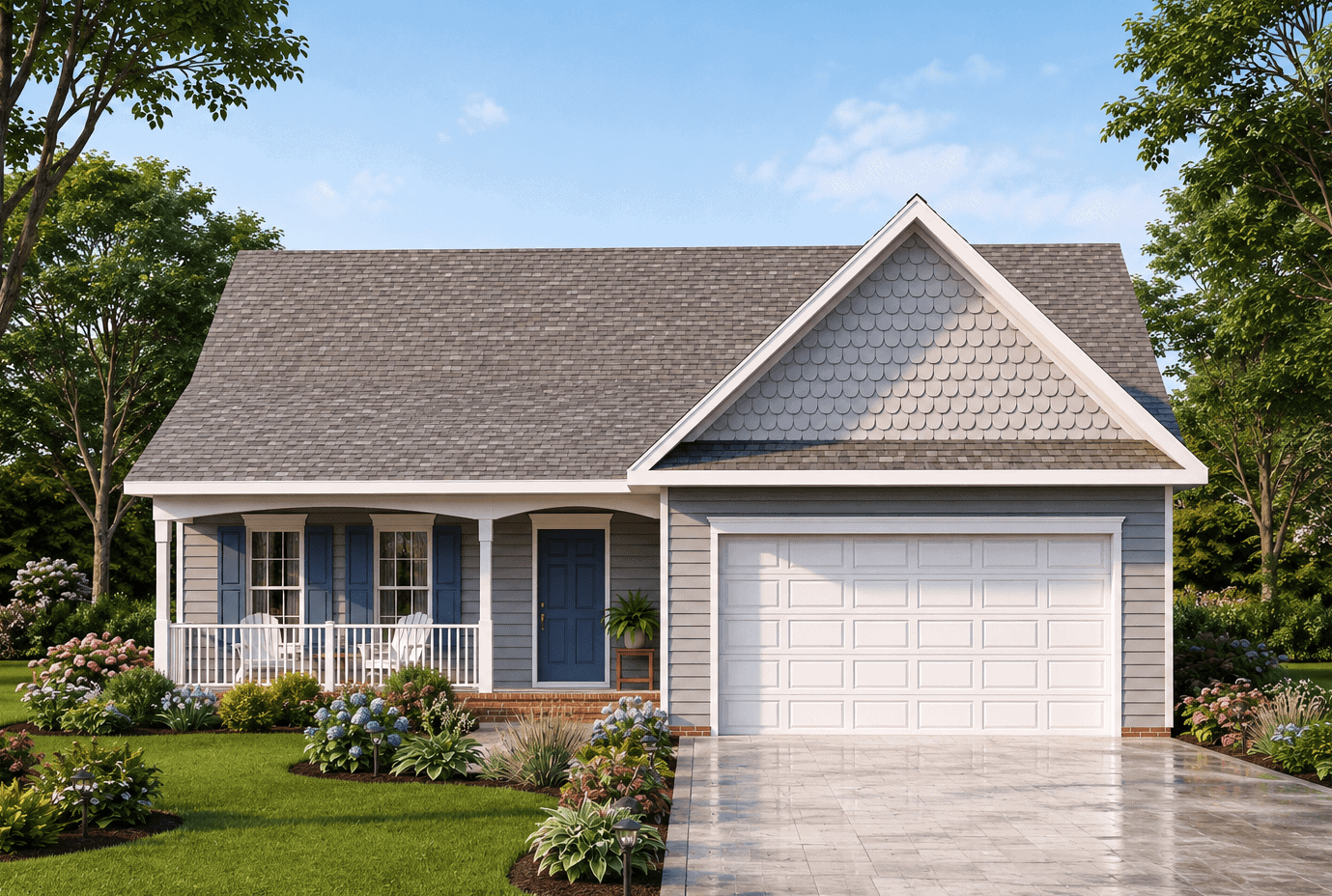 Traditional Ranch facade with gable roof, lap siding, covered front porch, and front-entry 2-car garage. Plan #198-1249