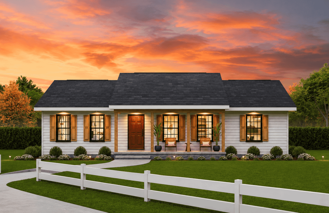 Traditional Ranch home elevation with covered entry porch, lap siding details, and gable roofline, Plan #198-1250.