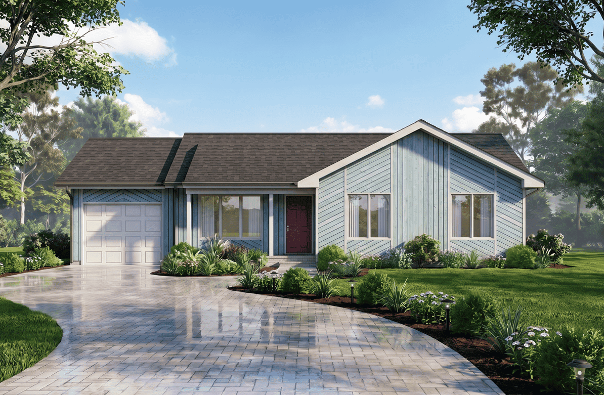 Ranch home with covered front porch, gable roof, and front-entry garage. Plan #198-1251, 3 bedrooms, 1,104 sq ft.