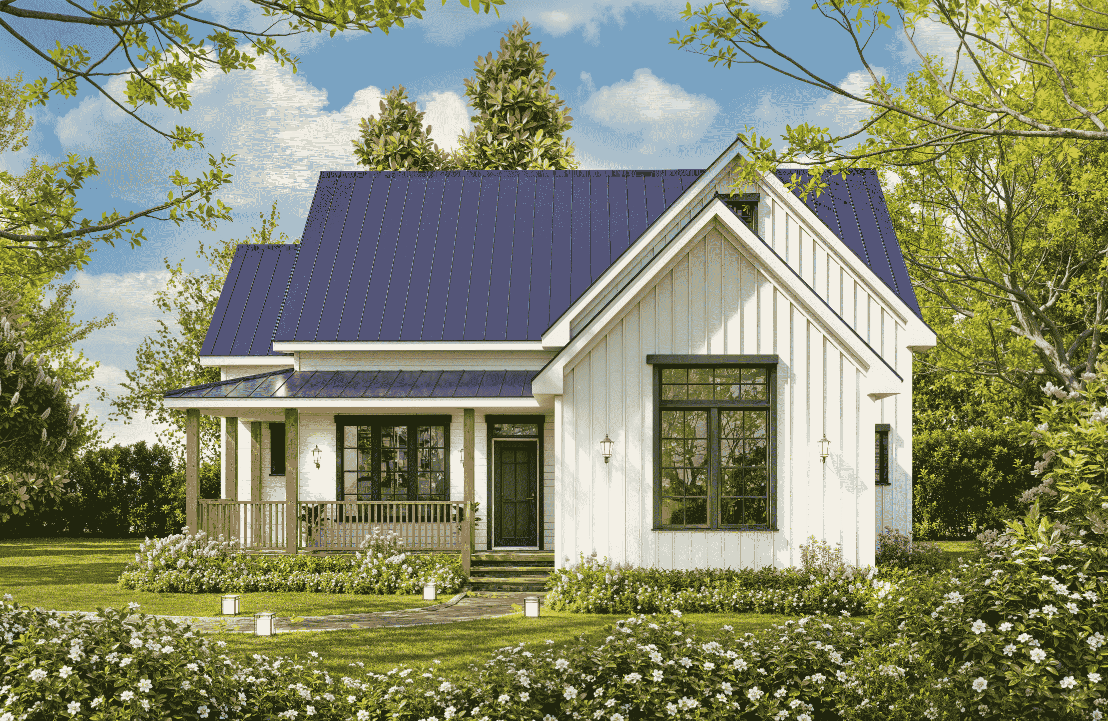 Board-and-batten farmhouse facade with metal gable roof and covered porch. 3-bedroom, 1,352 sq ft - Plan #198-1253