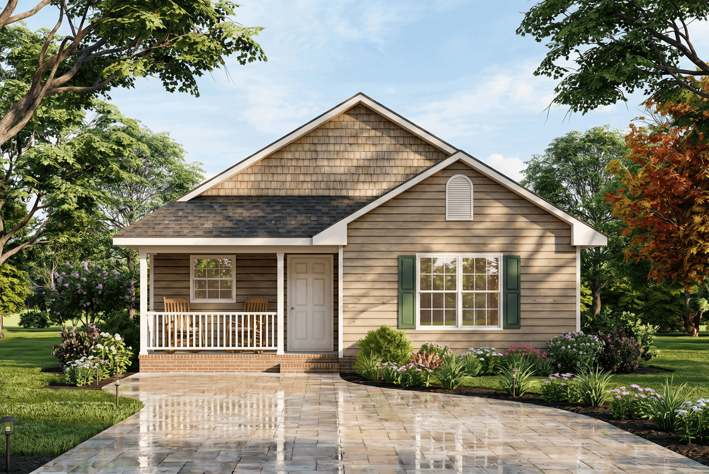 Cottage exterior with steep gable roofline, covered front porch with columns, and board-and-batten siding. Plan #198-1255.