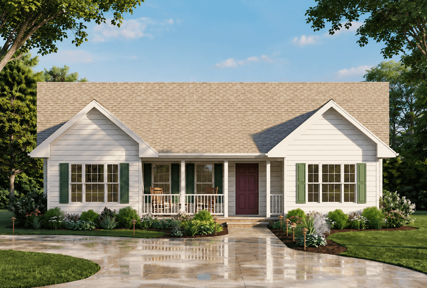 Ranch elevation with gable roofline, covered front porch, and traditional siding on a narrow-lot floor plan. 3 beds, 1,101 sq ft - Plan #198-1256.