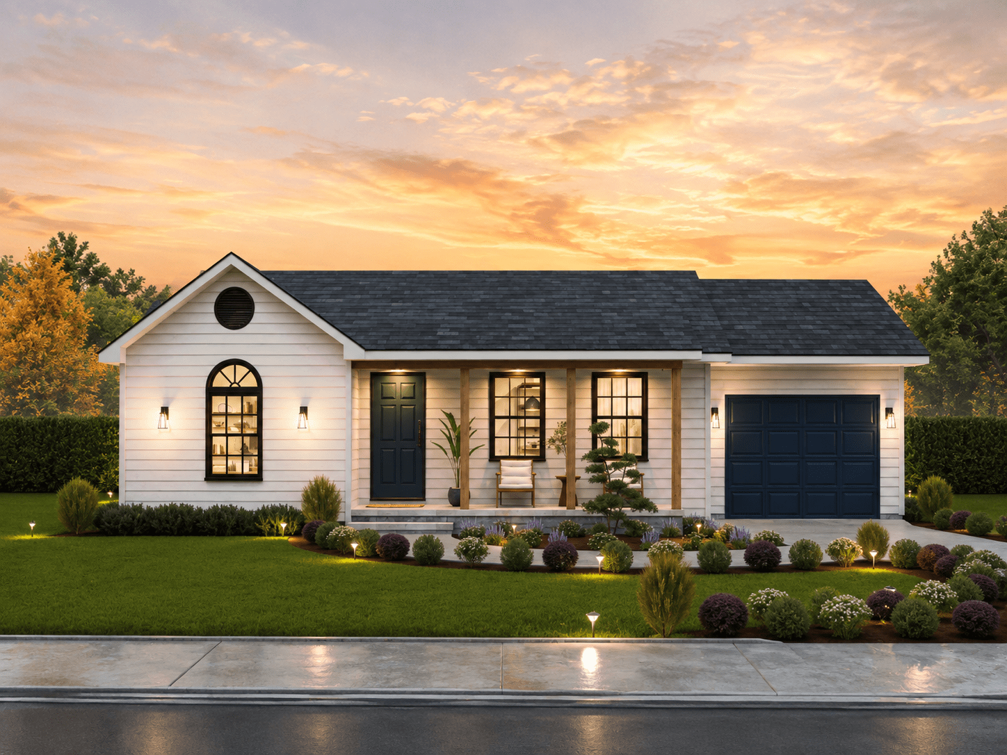 Traditional ranch home with covered front porch, gable roofline, vinyl siding, and front-entry garage. Plan #198-1258, 863 sq ft, 2 bed, 1 bath.
