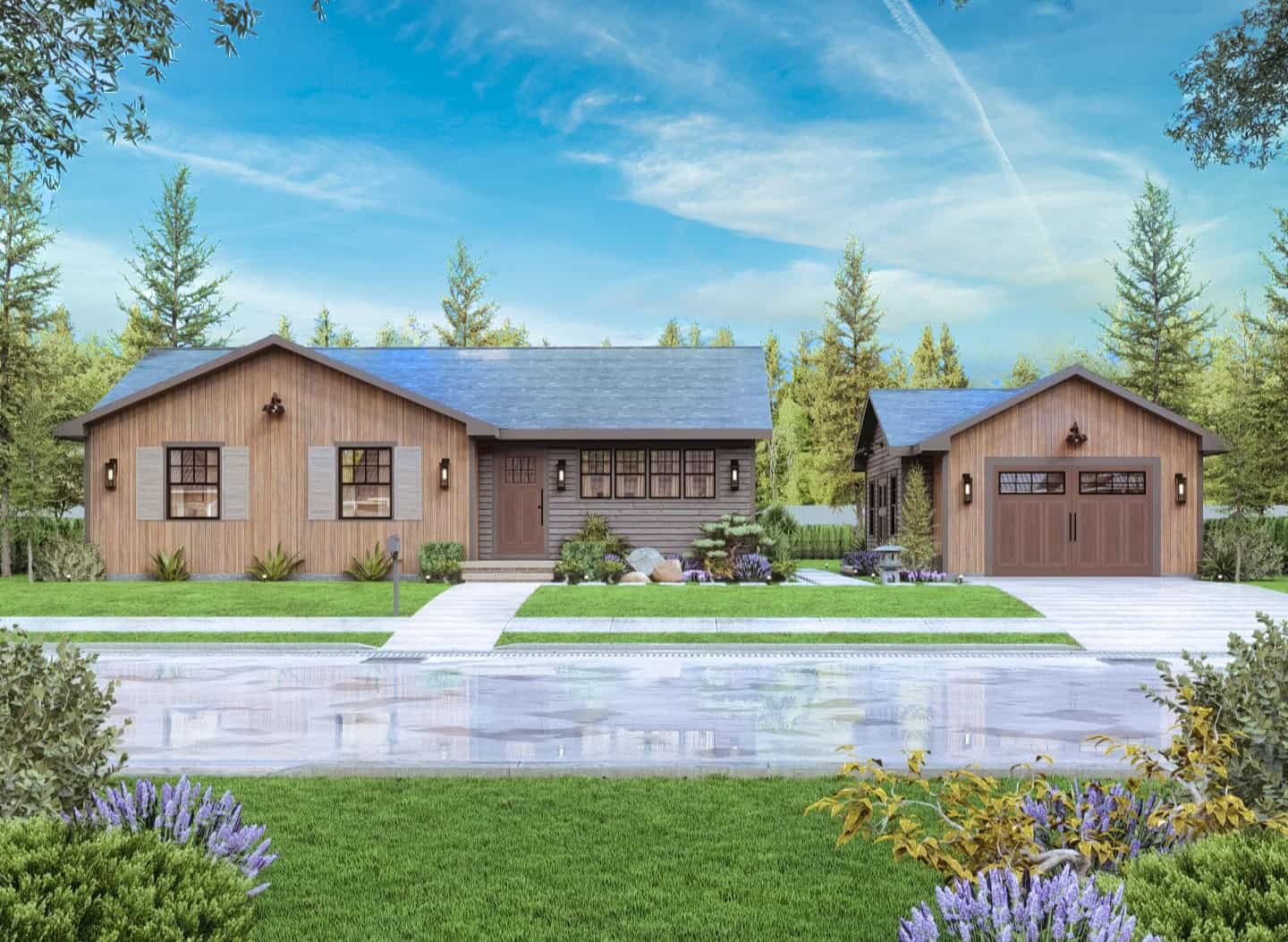 Cottage home with gable roofline, covered front porch, and multi-pane windows; detached garage positioned to the side. 2 beds, 1,080 sq ft - Plan #198-1263.