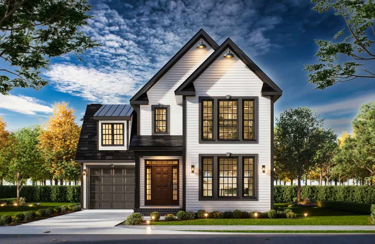 Craftsman home with covered entry porch, tapered columns, gable-dormer rooflines, and narrow lot footprint, Plan #198-1268.