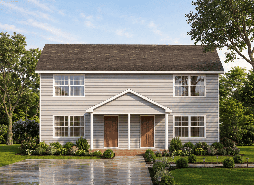Duplex/Multi-Unit home with colonial streetscape, covered front porch, gable roof, vinyl siding - Plan #198-1271