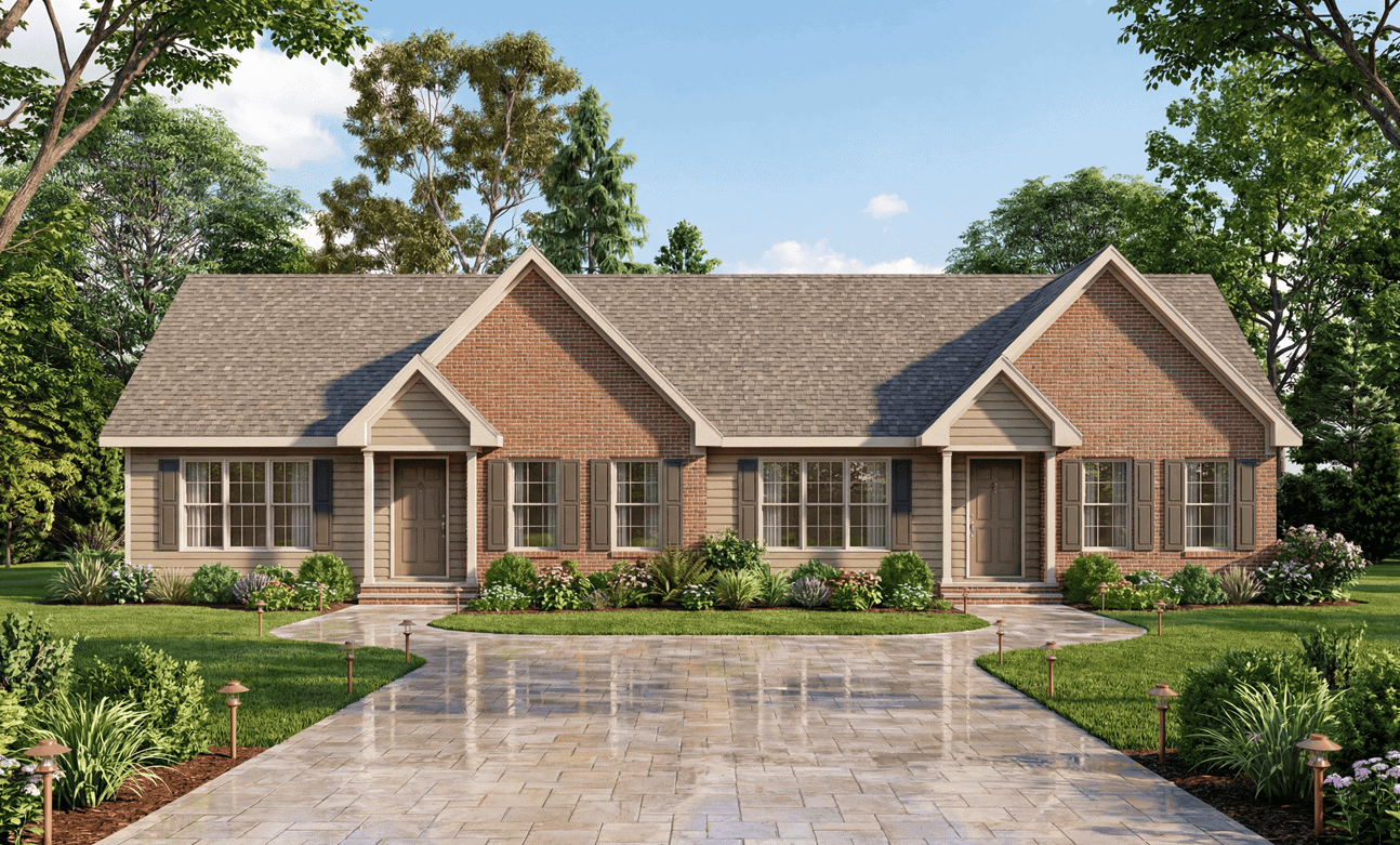 Duplex/Multi-Unit home with Ranch-style gable roofline, covered front porch, and vinyl siding. Plan #198-1272.