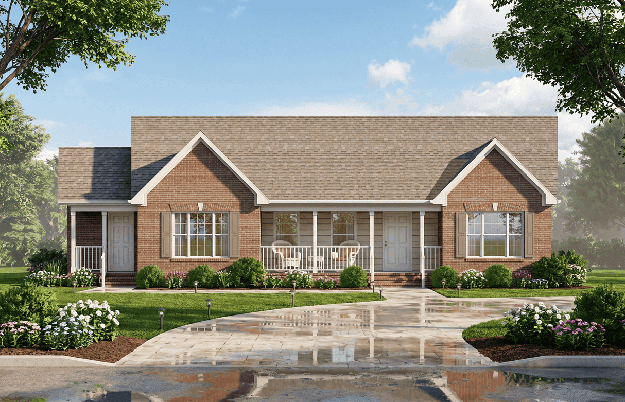 Single-story Ranch home with traditional covered front porch, gable roofline, and vinyl siding exterior. Plan #198-1273.