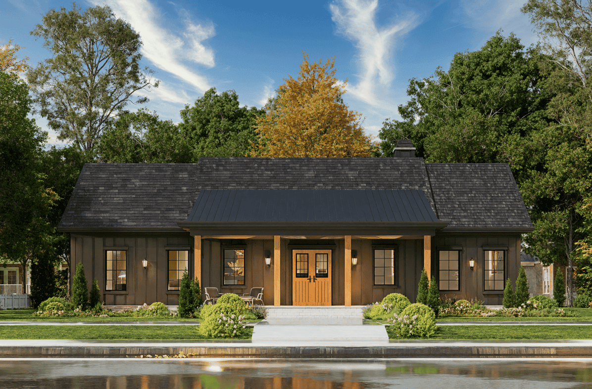 Farmhouse home with board and batten siding, gable roof, covered porch, and columns. Plan #198-1276.