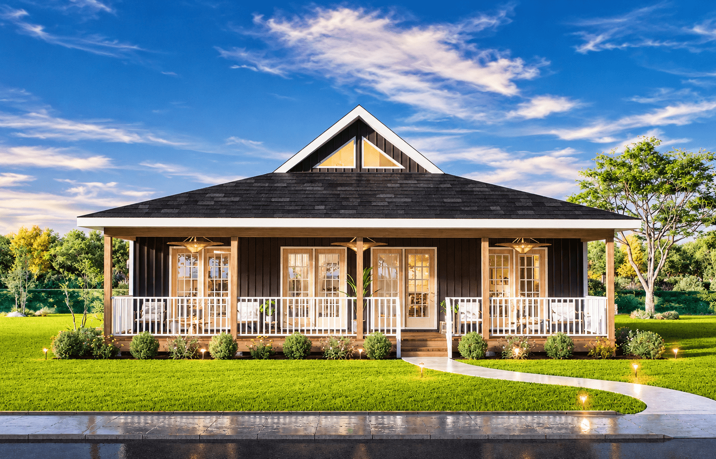 Contemporary home exterior with screened porch entry, covered front porch, and prominent vaulted roof lines - Plan #198-1279
